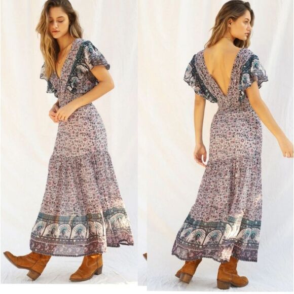 Free People Collab Silva Sequin Jen’s Pirate 
 Floral Maxi Dress Ruffle Sleeves - Picture 3 of 14